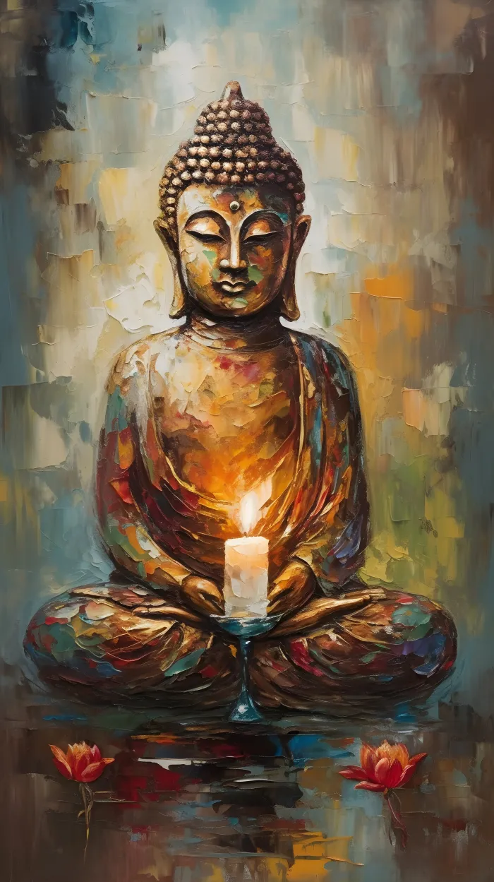 Textured impressionist painting of Lord Buddha in meditation holding a burning candle with red floating lotuses. | PrintPosters.in